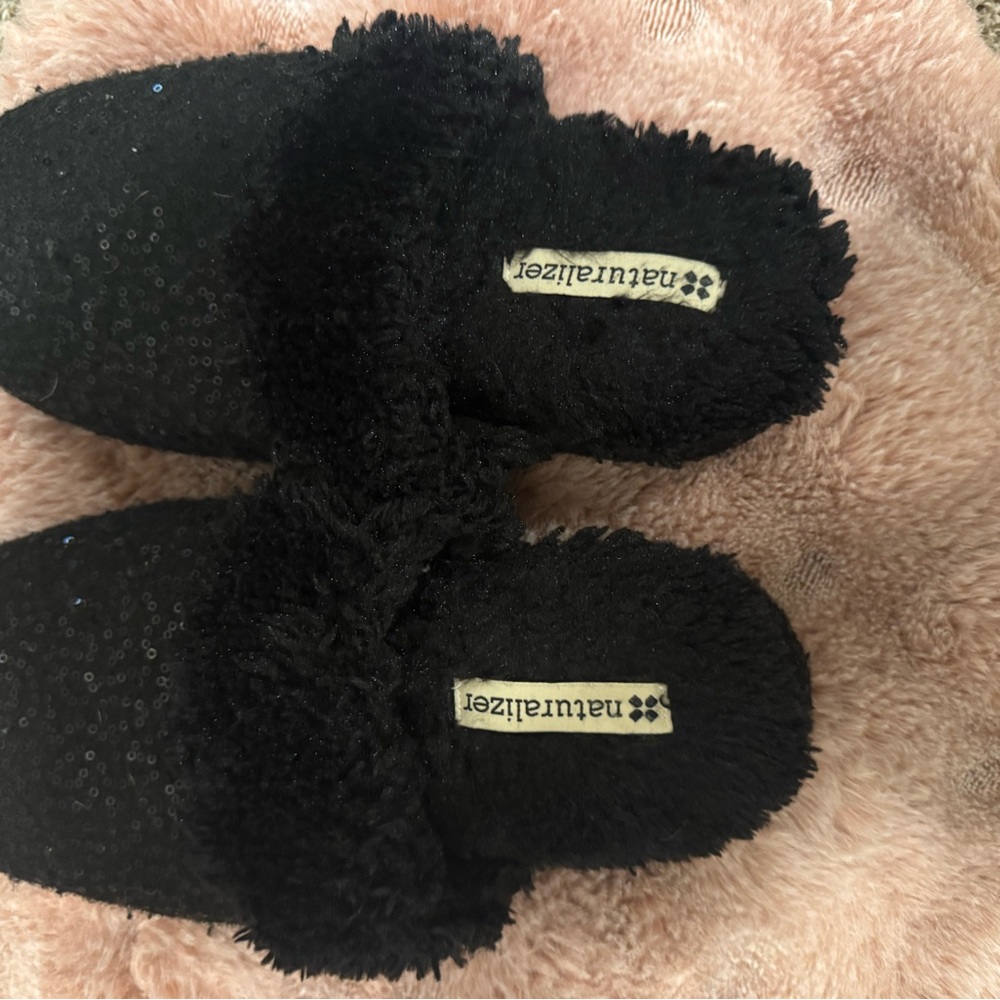 Naturalizer Sparkling Black Fuzzy Slippers